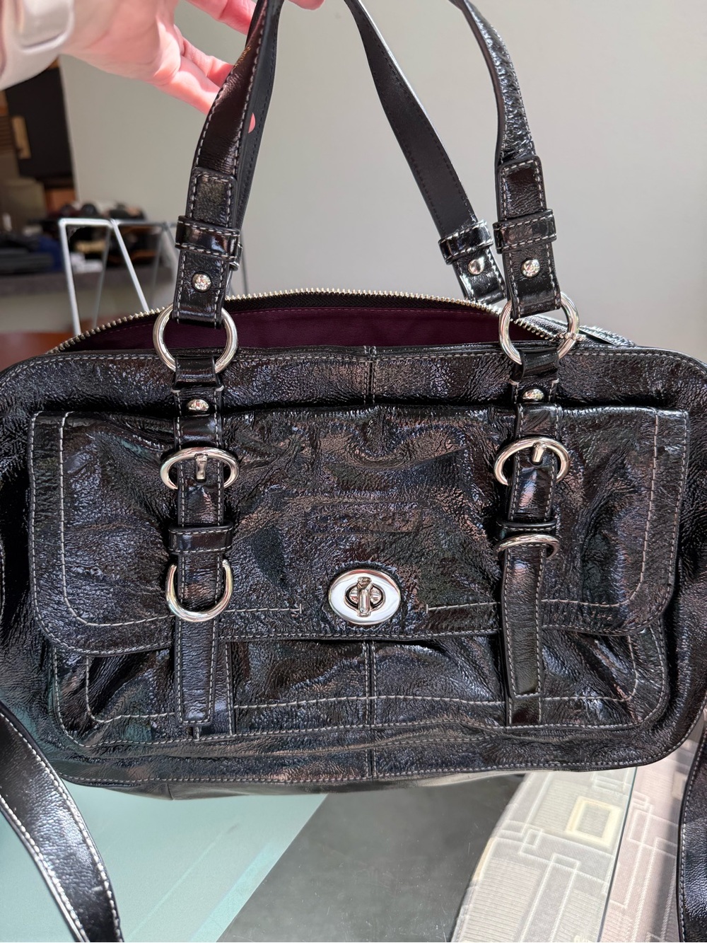 Coach Black Patent Leather Satchel with Silver Hardware